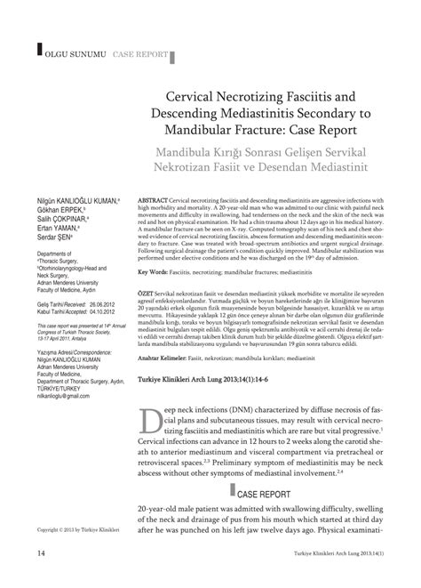 Pdf Cervical Necrotizing Fasciitis And Descending Mediastinitis