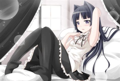 Cat Girl In Bed Dark Hair White Skin Black Eyes Legs Anime Anime