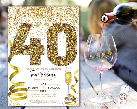 Gold 40th Birthday Confetti Champagne Invitation Template White