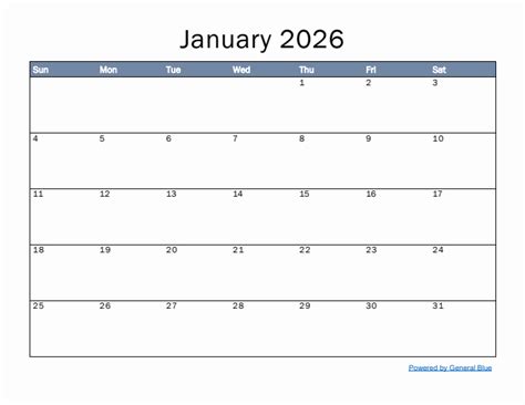 Monthly Calendar Template For January 2026