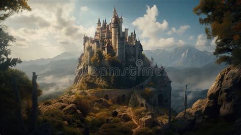 Magic Fairy Tale Castle In The Mountains Fantasy Landscape Stock Image
