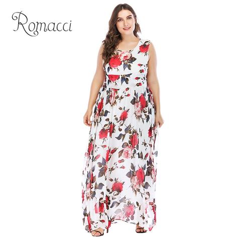 romacci sexy women plus size dress 4xl 5xl floral sleeveless summer long dress o neck high waist