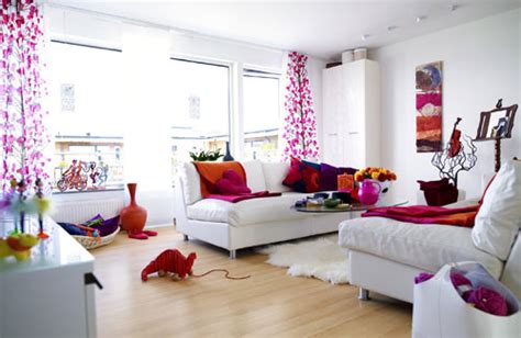 Picture Of White Living Room With Pink And Orange Accents