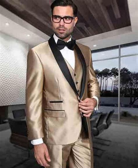 Mens Gold Champagne And Black Lapel 3 Piece Shiny Tuxedo Etsy Prom