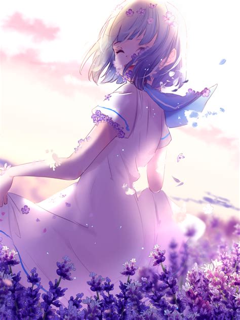 Wallpaper Anime Girl Lavender Flowers Purple Spring 4k
