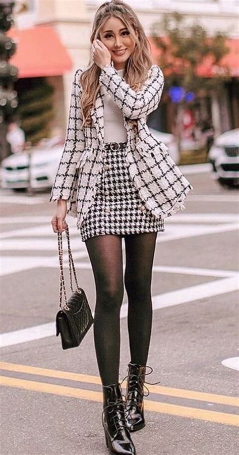 lace up ankle boots outfit with plaid mini skirt and blazer classy winter outfits winter