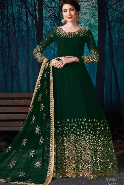 Beautiful Green Colored Partywear Embroidered Anarkali Suit Designer Anarkali Indian Dresses
