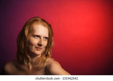 Portrait Beautiful Topless Redhead Studio On Stock Photo