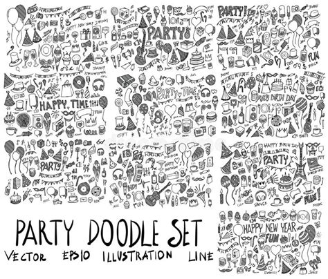 Set Of Party Illustration Hand Drawn Doodle Sketch Line Vector Scribble