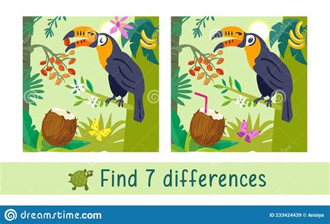 Toucan On Branch In Tropical Forest Find 7 Differences Game For