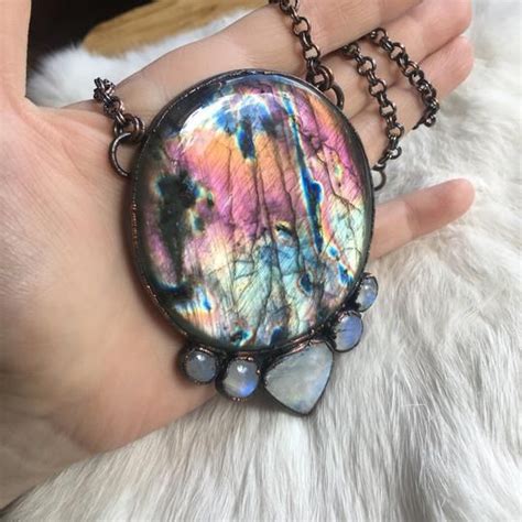 Electroformed Purple Labradorite And Rainbow Moonstone Crystal Necklace