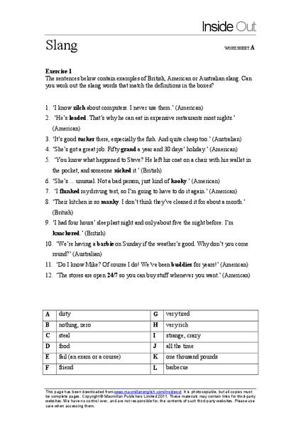 Slang Worksheet For 5th 8th Grade Lesson Planet