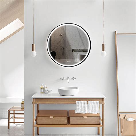 24 Black Frame Round Led Bathroom Wall Mirror Acrylic Anti Fog Homary