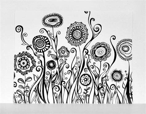 Hand Drawn Flowers Swirling Garden 8x10 Black And White Fine Art Print