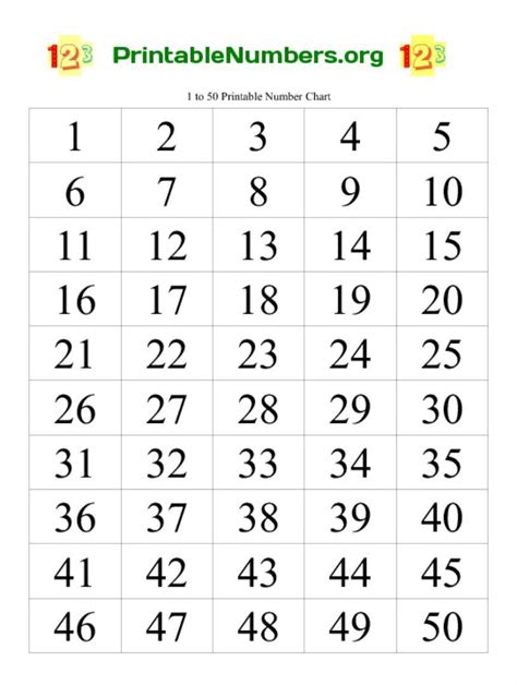 Printable Number Chart 1 50 Printable Numbers Number Chart Writing