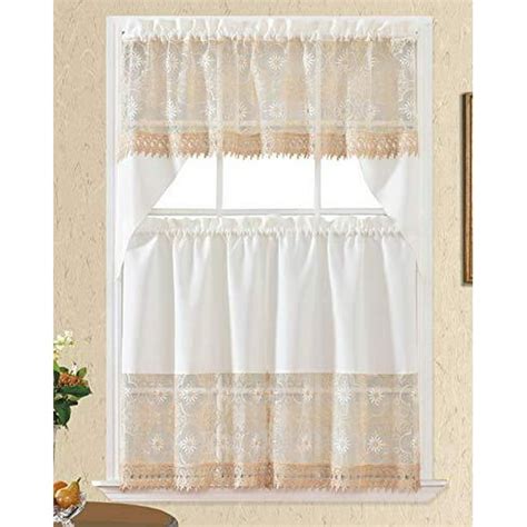 3pc Rod Pocket Embroidered Kitchen Curtains And Valances Set Swag