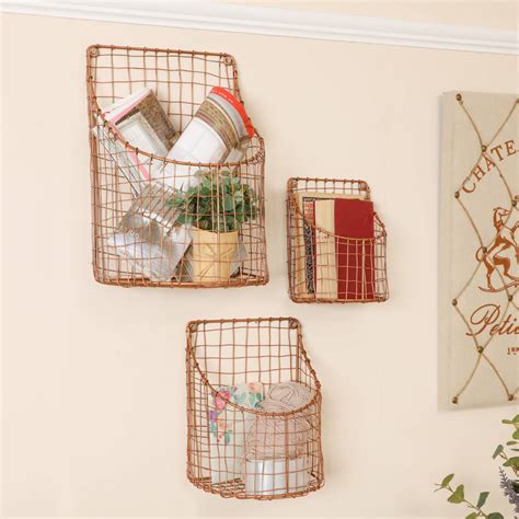 Set Of Three Copper Wire Wall Storage Baskets By Dibor