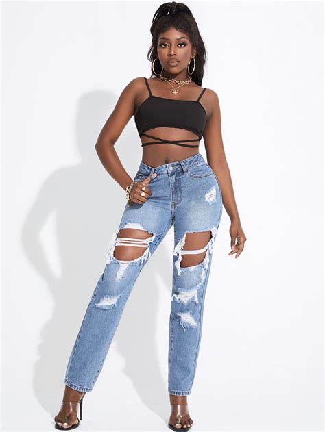 Shein Sxy Ripped Cut Out Ripped Mom Fit Jeans Shein Uk