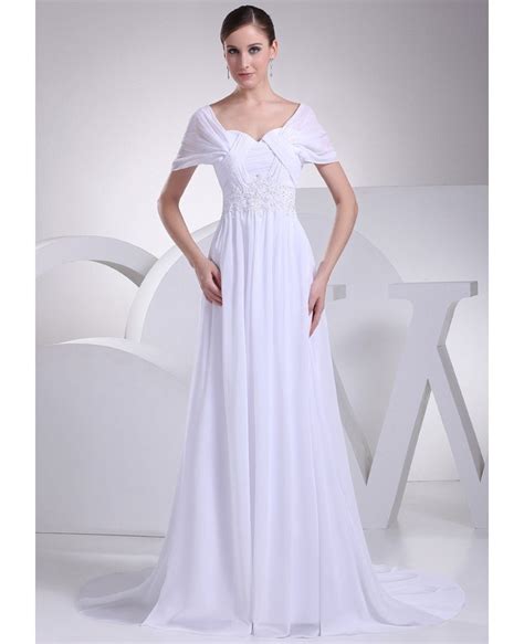 Beaded Empire Waist Long Chiffon White Wedding Dress With Sleeves