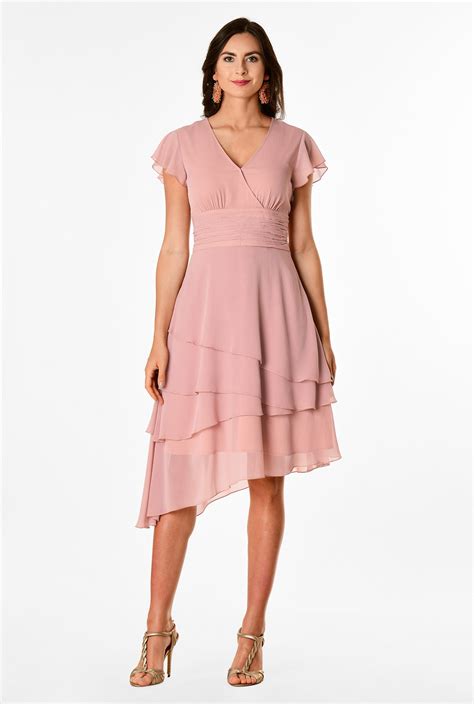 Shop Flutter Sleeve Asymmetric Hem Chiffon Dress Eshakti