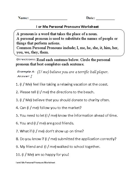 'i' is the subject of the sentence (i went to the store.) and 'me' is the object of the sentence (mom bought me some milk.) in these worksheets, students complete sentences with 'i' or 'me'. I or Me Personal Pronouns Worksheet Part 1 Beginner ...