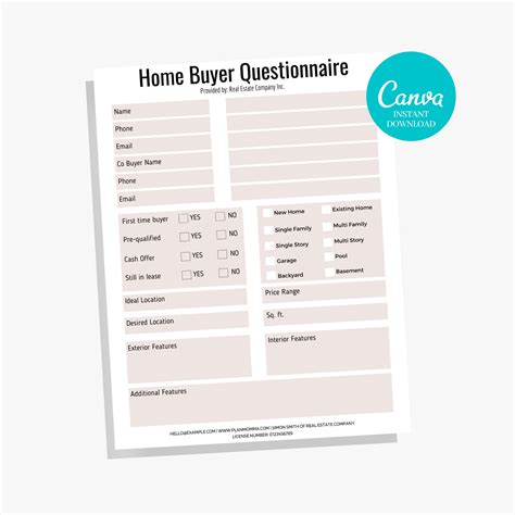 Home Buyer Questionnaire Template Realtor Form Real Estate Etsy