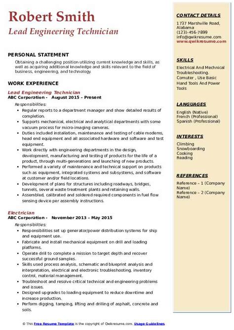 Cv format pick the right format for your situation. Engineering Technician Resume Samples | QwikResume