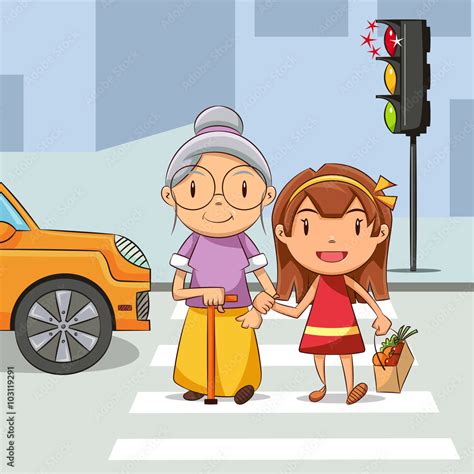 Vetor Do Stock Girl Helping Old Woman Cross The Street Adobe Stock
