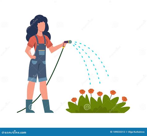 Woman Watering Flowers In Garden Female Character Gardener With Hose Takes Care Of Growing