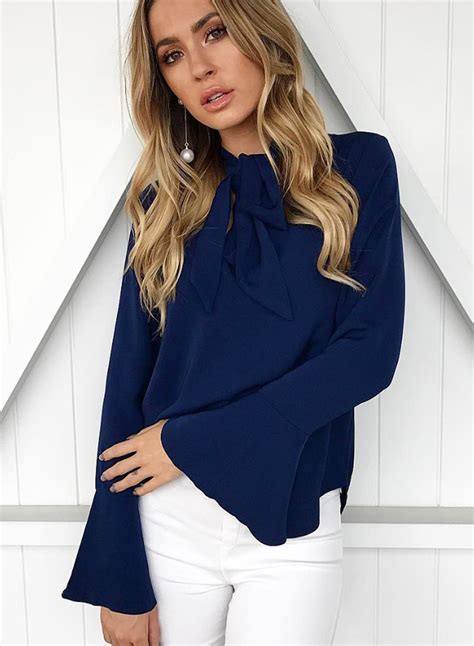 Elegant Lace-up Solid Color Flare Sleeve Blouse - STYLESIMO.com