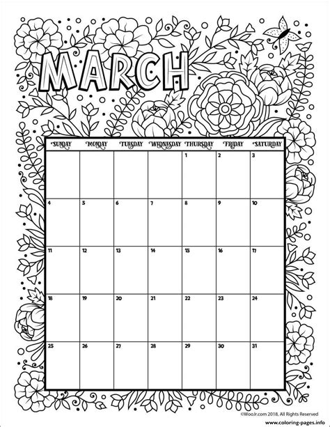 March Calendar 2019 Flowers Coloring Page Printable
