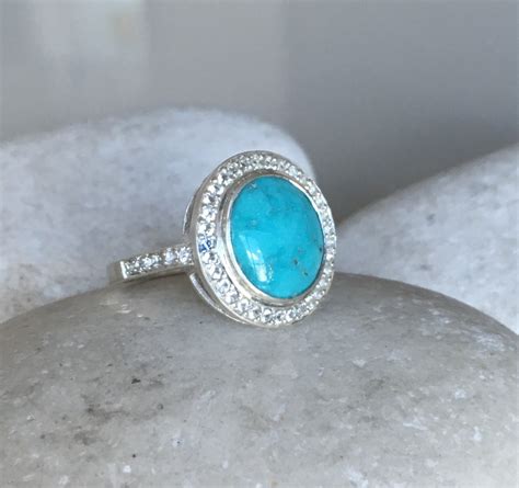 Oval Turquoise Engagement Women Ring Genuine Turquoise Halo Promise