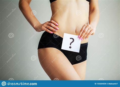 Health Woman Body In Underwear With Question Card Near Belly Stock Image Image Of Anatomy