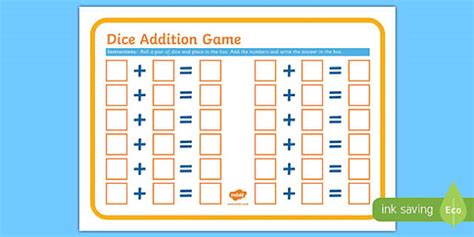Dice Addition Game Sheet Adding Add Maths Numeracy Game