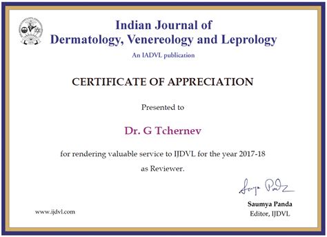 Certificate For Contribution As Reviewer For The Indian Journal Of Dermatology Venereology And