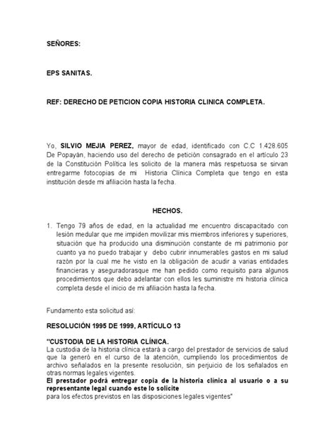 Derecho De Peticion Historia Clinica Eps Sanitas Pdf
