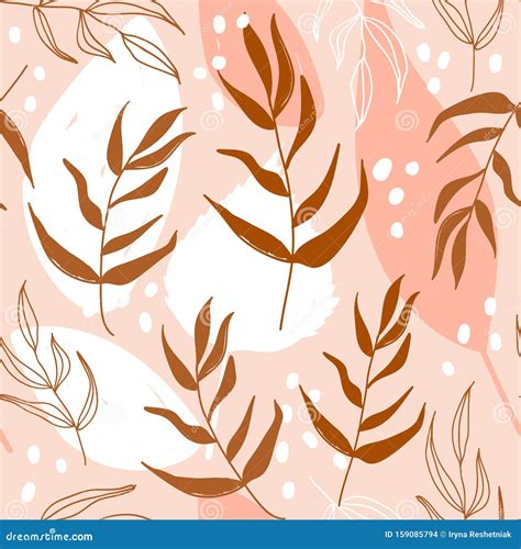 Modern Seamless Floral Pattern With Leaves And Abstract Elements Stock