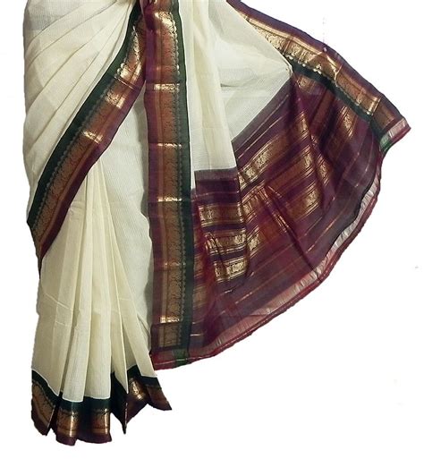 Off White Self Check Cotton Gadwal Saree With Maroon And Green With