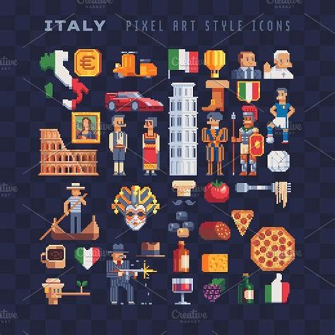 Pixel Art Italy Icons Set By Vectorpixelstar On Creativemarket Arte