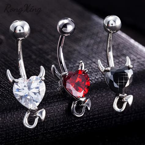 Rongxing Sexy Stainless Steel Devil Belly Button Ring Love Heart Zircon Piercings Body Jewelry
