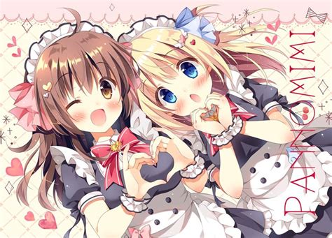 2girls Apron Aquaeyes Blondehair Blush Bow Browneyes Brownhair Headdress Heart Longhair