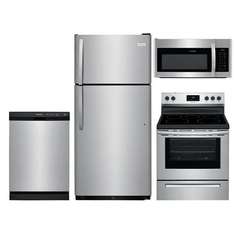 A typical package includes a refrigerator, range, microwave, and dishwasher. Frigidaire 4 Piece Kitchen Appliance Package with Electric ...