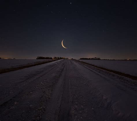 1366x768px 720p Free Download Winter Night Road Dark Field Moon