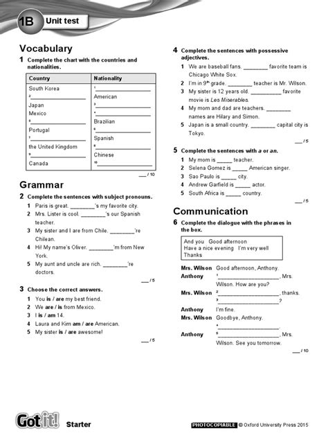 Starter Unit Test 1b Pdf Linguistics Syntax