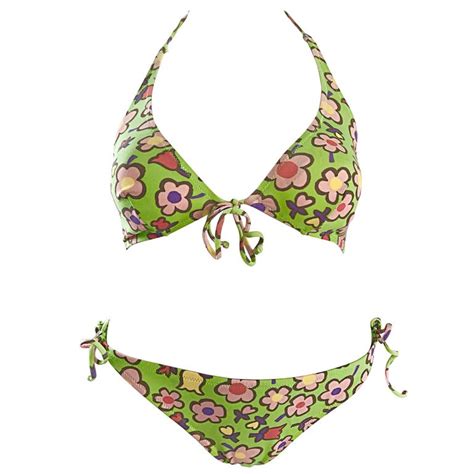 Vintage Moschino 1990s Neon Green Flower Printed 90s Two Piece String