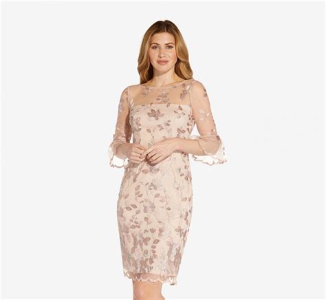 Floral Embroidered Sheath Dress With Scalloped Detail Champagne Multi