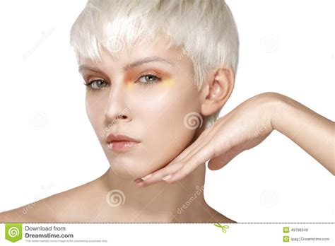 Beauty Model Blonde Short Hair Showing Perfect Skin Stock Image Image