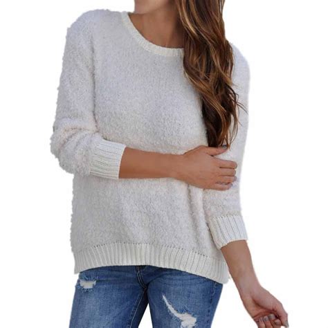 Fall Womens Solid White Knitted Sweatshirt Simple Design Ladies O Neck