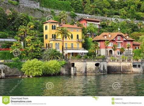 It is immersed in a forest, overlooking the mountain and lake maggiore. Italian Villas. Lake (lago) Maggiore Shore. Stock Photo ...
