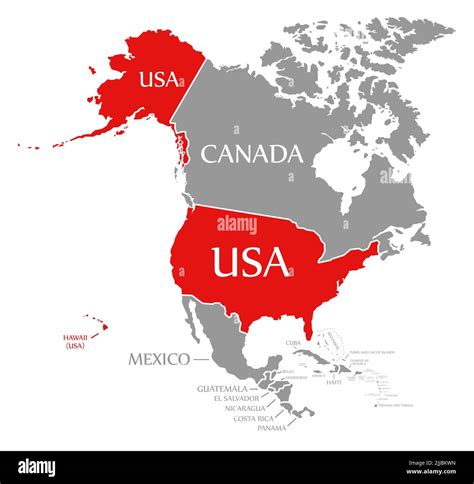Usa Red Highlighted In Map Of North America Stock Photo Alamy
